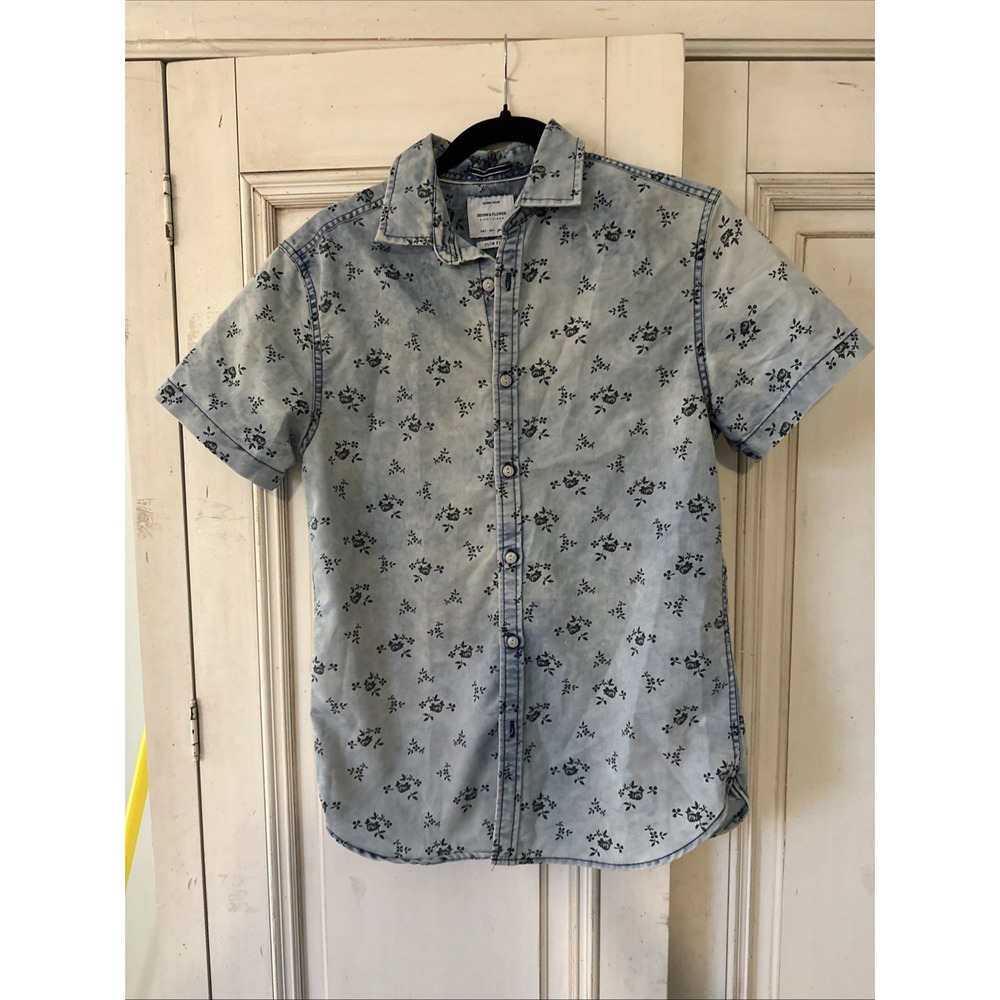 Ricky Singh Denim Shirt Men's S Slim Fit Flower Pattern Button
